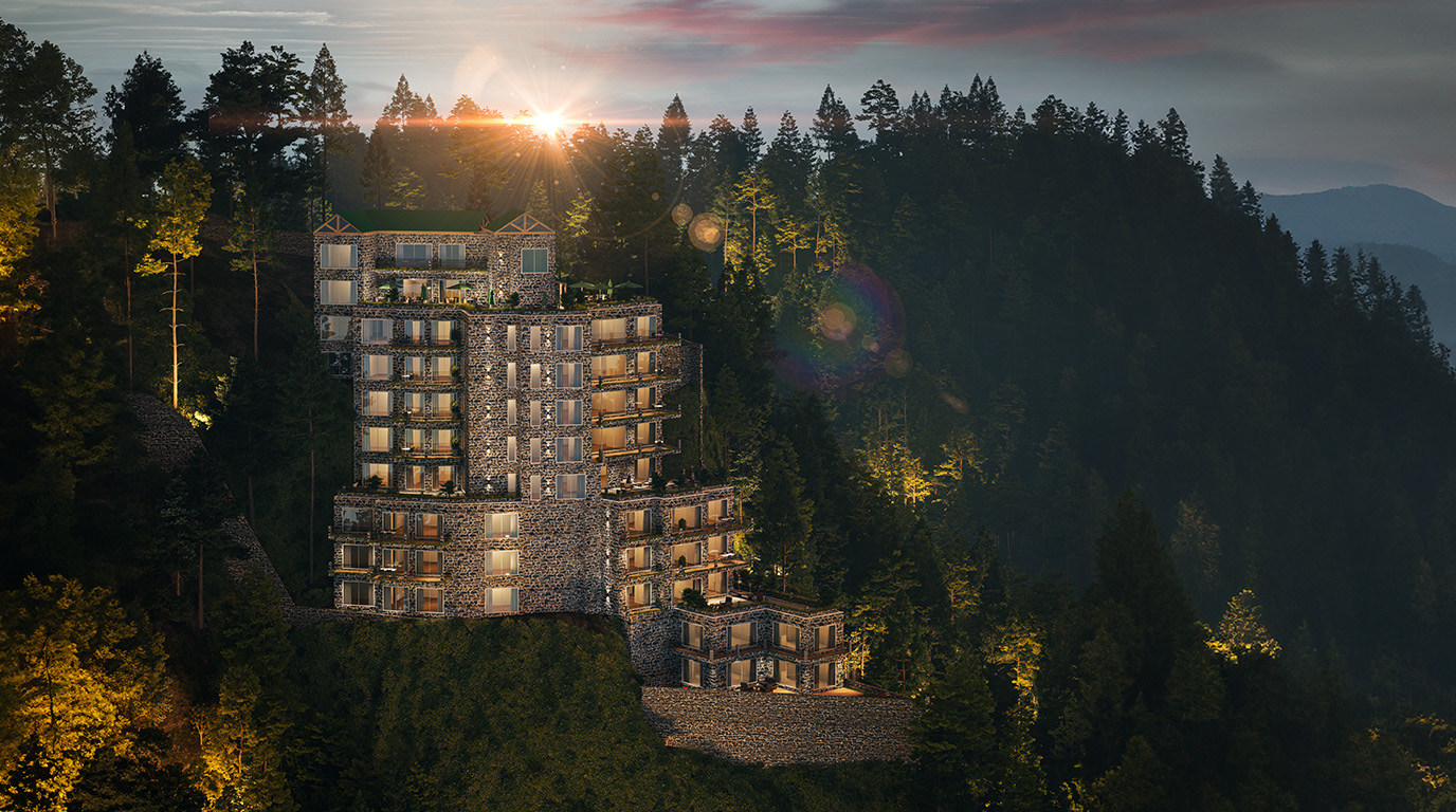 Galiyat house for sale at Blue Pine Mountain Homes Changla Gali with pine forest and sunset mountain views