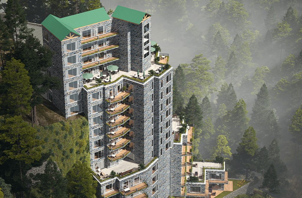 Modern open-plan living and kitchen area inside a Blue Pine Mountain Homes villa. This Galiyat house for sale features premium finishes, wooden ceiling, marble countertops, and fully furnished interiors at Apartments for Sale in Changla Gali