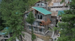 Luxury villa in Galiyat with stone exterior and green roof surrounded by pine trees — Blue Pine Mountain Homes Khaira Gali