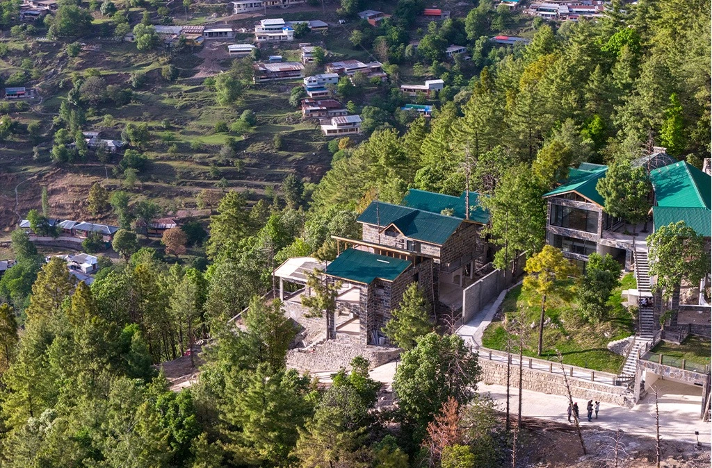 Gated communities in Changla Gali aerial view with pine forests