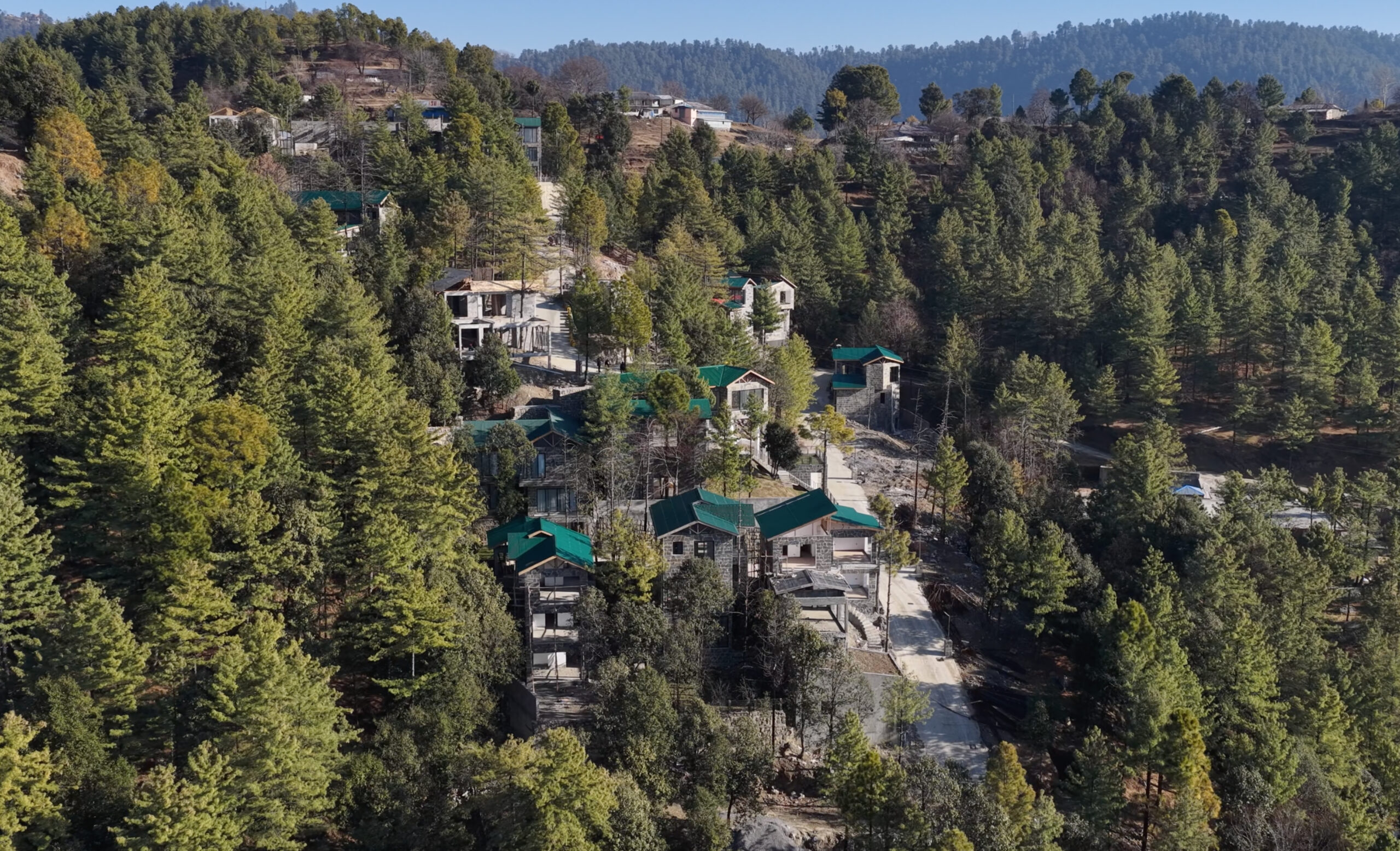Best real estate investment in Pakistan — aerial view of stone villas with green roofs nestled in pine forest in Galiyat