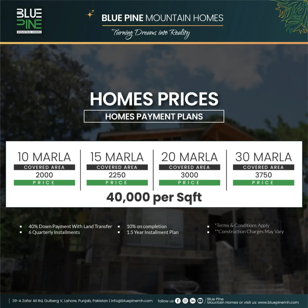 Blue Pine home payment plan and prices for 10-30 Marla houses.