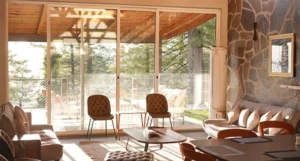 Sunlit living room overlooking pine forest, holiday homes in Pakistan mountains by Blue Pine Mountain Homes